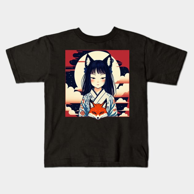 Fox Girl and her Companion Kids T-Shirt by Irayami